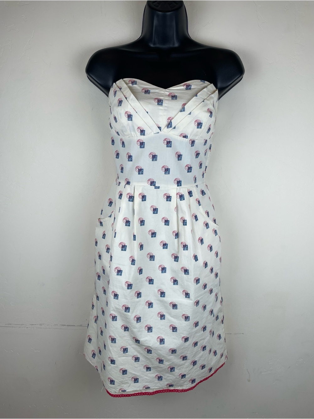 Girls from Savoy Anthropology Strapless White Cotton Sundress Red & Blue Print
